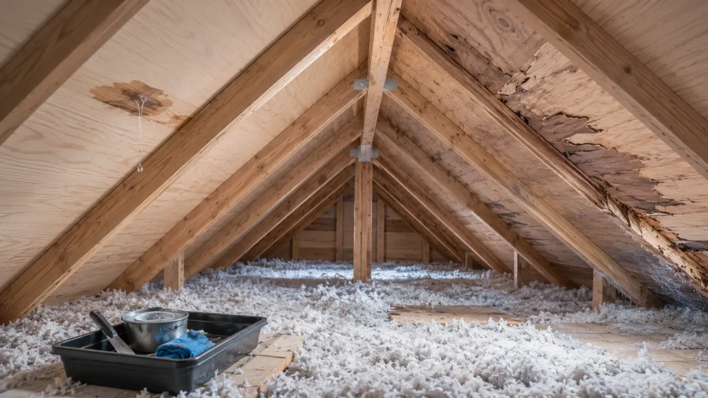 Attic with signs of water damage