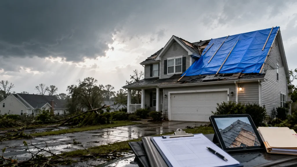 Contractor inspecting storm damage